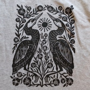 Two Herons Block Printed Shirt Gray Gildan Unisex Shirt Boho Hippie Apparel Folk Art Shirt Heron Flower Shirt Black Ink