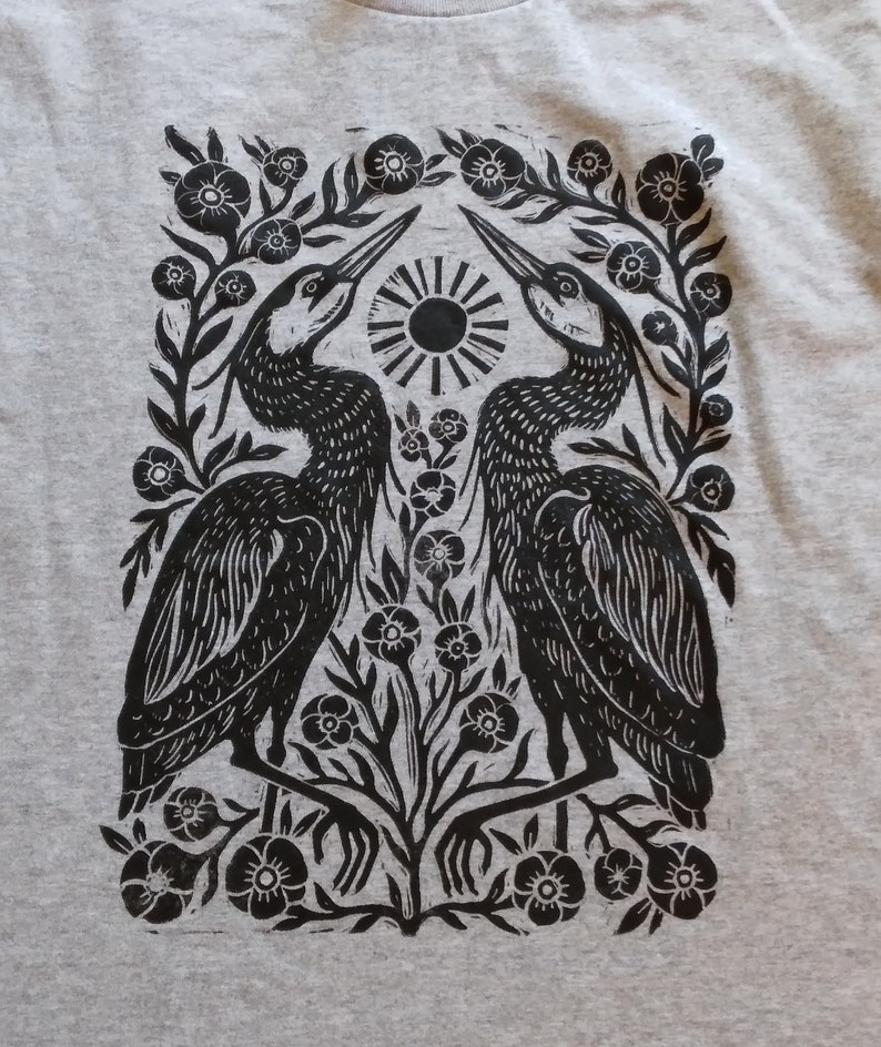 Two Herons Block Printed Shirt Gray Gildan Unisex Shirt Boho Hippie Apparel Folk Art Shirt Heron Flower Shirt Black Ink