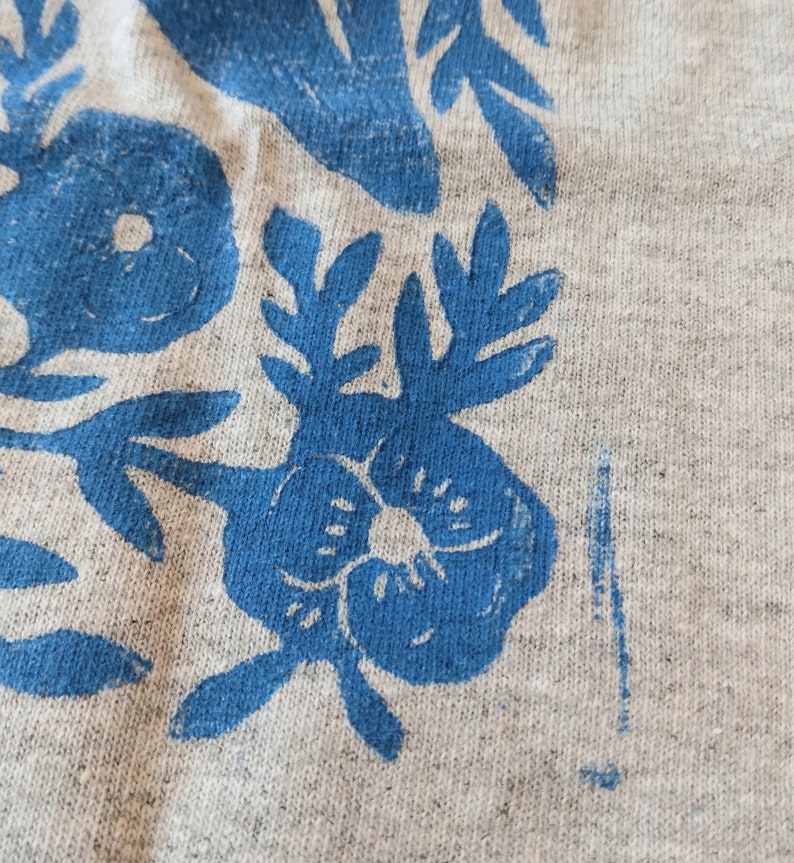 Heron Blossom Block Printed T-Shirt Linocut Shirt Floral Apparel Bohemian & Hippie Tee Southern Folk Art Blue Heron image 7