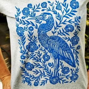 Women's V-neck Heron Blossom T-shirt Block Printed Bohemian Southern Apparel South Carolina Folk Art Gray Heather Shirt image 2