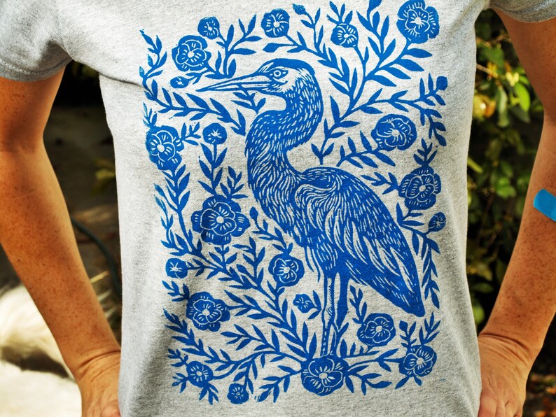 Women's V-neck Heron Blossom T-shirt Block Printed Bohemian Southern Apparel South Carolina Folk Art Gray Heather Shirt image 2