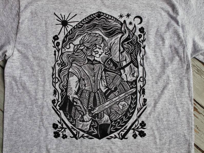 Shieldmaiden Gray Block Printed T-shirt Viking Shirt Celtic Gaelic Nordic Warrior Horse Medieval Renaissance Shirt Lady Knight image 4