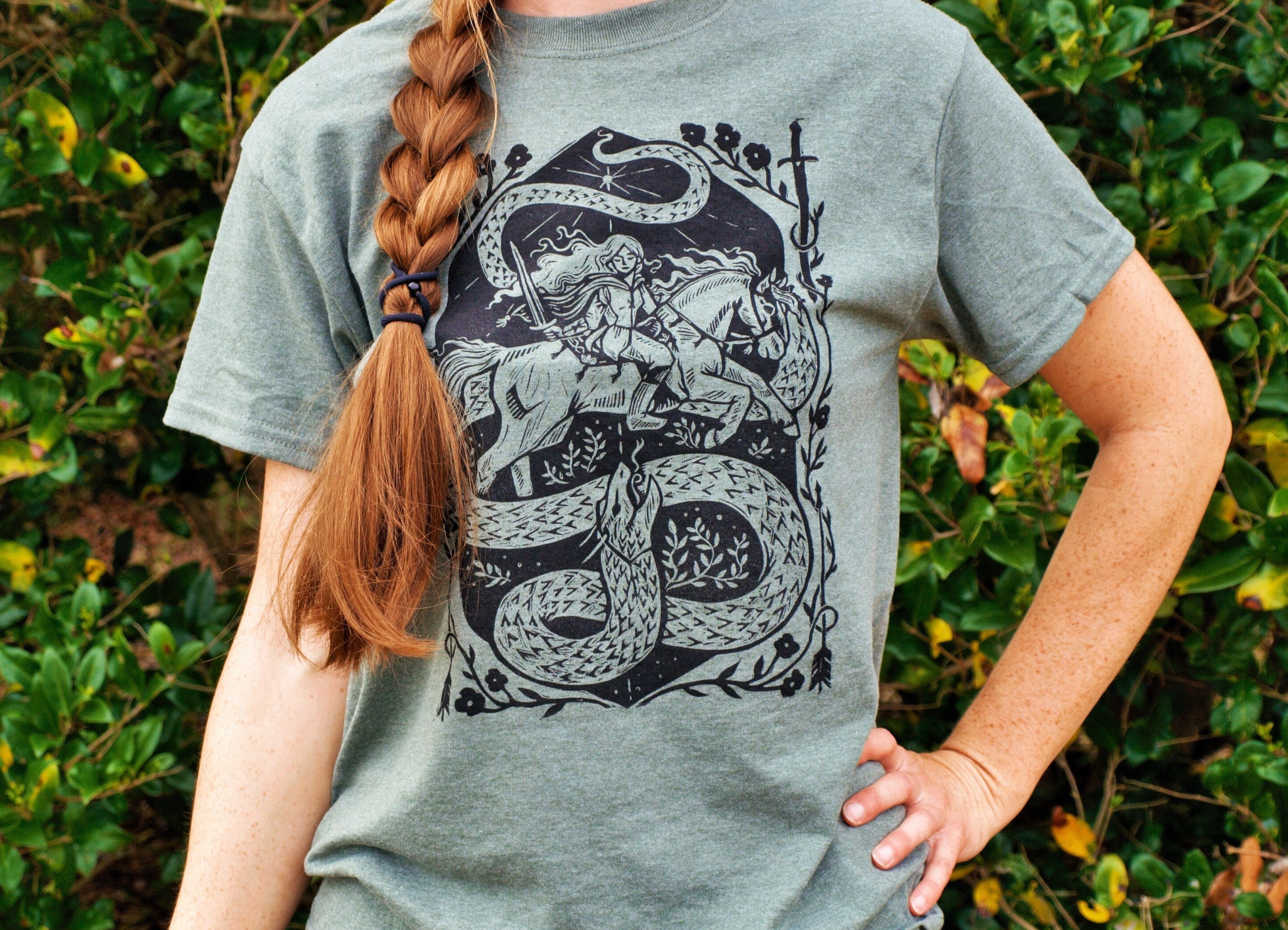 Slayer Block Printed Unisex Shirt - Knightcore - Female Knight - Warrior Maiden - Horse and Rider - Renaissance - Medieval - Fantasy Shirt