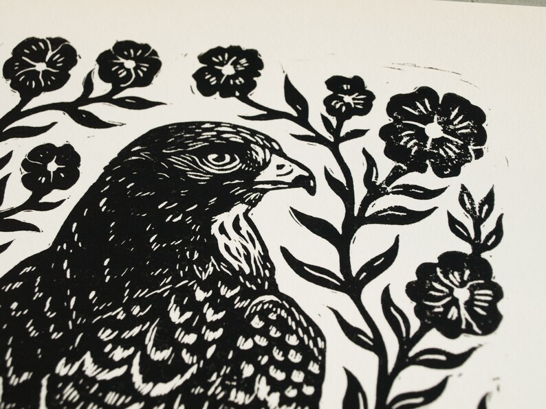 May include: Black and white linocut print of a hawk with detailed feathers and a sharp beak, surrounded by stylized floral elements. The artwork is a close-up, showcasing the bird's profile and the texture of the print.