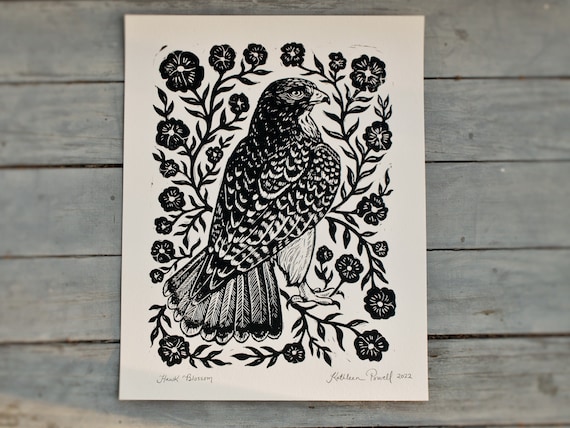 Hawk Blossom Block Print - Rustic Art - Linoprint - Linocut Print - Artist Print - Hawk Art -