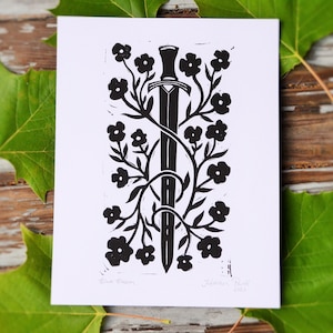 Blade Blossom Linocut Print - Sword Art - Rustic Folk Art - Medieval - Renaissance Decor
