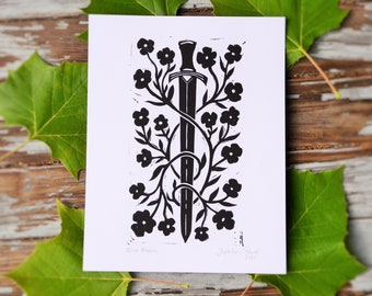 Blade Blossom Linocut Print - Sword Art - Rustic Folk Art - Medieval - Renaissance Decor