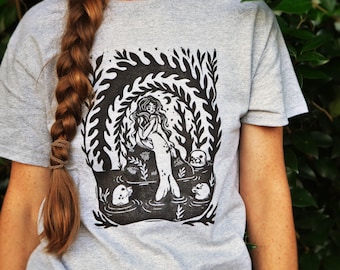 Block-Printed "Selkie Skin" T-shirt - Linocut - Selkie Folklore - Celtic - Folk Art - Hippie - Bohemian - Beach Apparel - Gray Heather Tee
