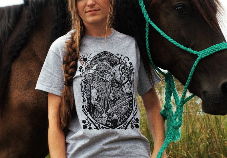 Shieldmaiden Gray Block Printed T-shirt Viking Shirt Celtic Gaelic Nordic Warrior Horse Medieval Renaissance Shirt Lady Knight image 3