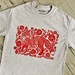 Red 'FoxFlower' Block-Printed Gray T-shirt - Linocut Print - Folksy Apparel - Bohemian - Woodland - Folk Art - Made to Order