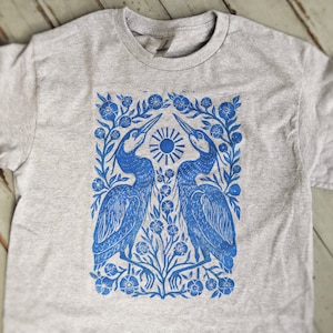 Two Herons Block Printed Shirt Gray Gildan Unisex Shirt Boho Hippie Apparel Folk Art Shirt Heron Flower Shirt image 2