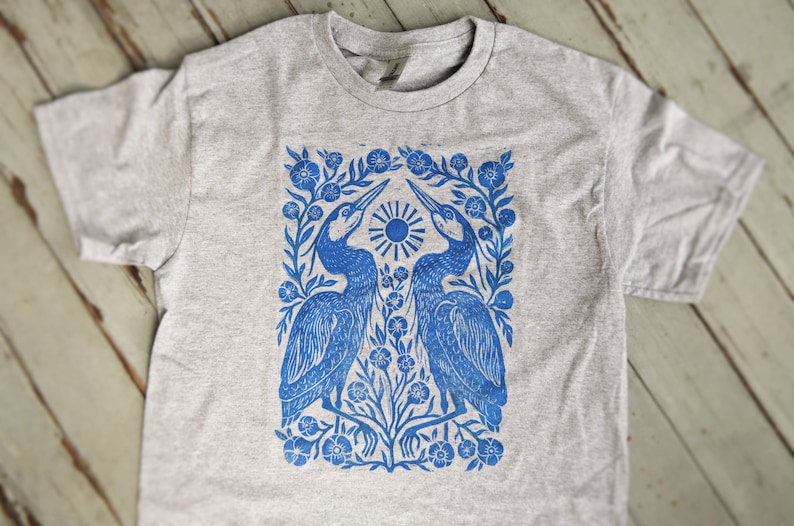 Two Herons Block Printed Shirt Gray Gildan Unisex Shirt Boho Hippie Apparel Folk Art Shirt Heron Flower Shirt image 2