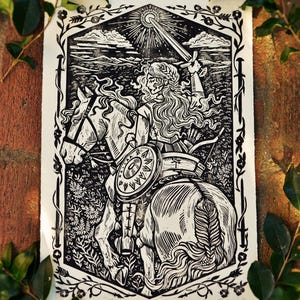 Swordmaiden Block Print - Linocut Art Print - Knightcore - Lady Knight -Renaissance Medieval Illustration -Warrior Maiden -Fantasy Book Gift