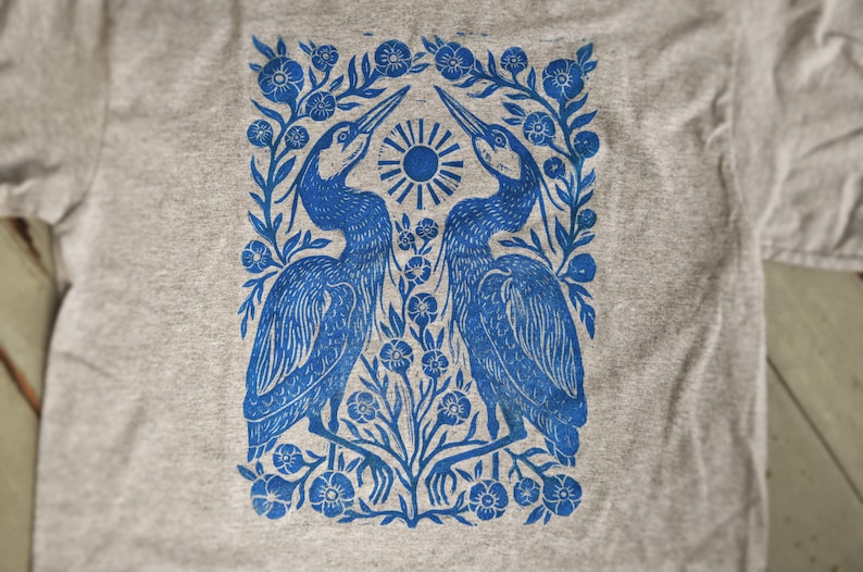 Two Herons Block Printed Shirt Gray Gildan Unisex Shirt Boho Hippie Apparel Folk Art Shirt Heron Flower Shirt Blue Ink