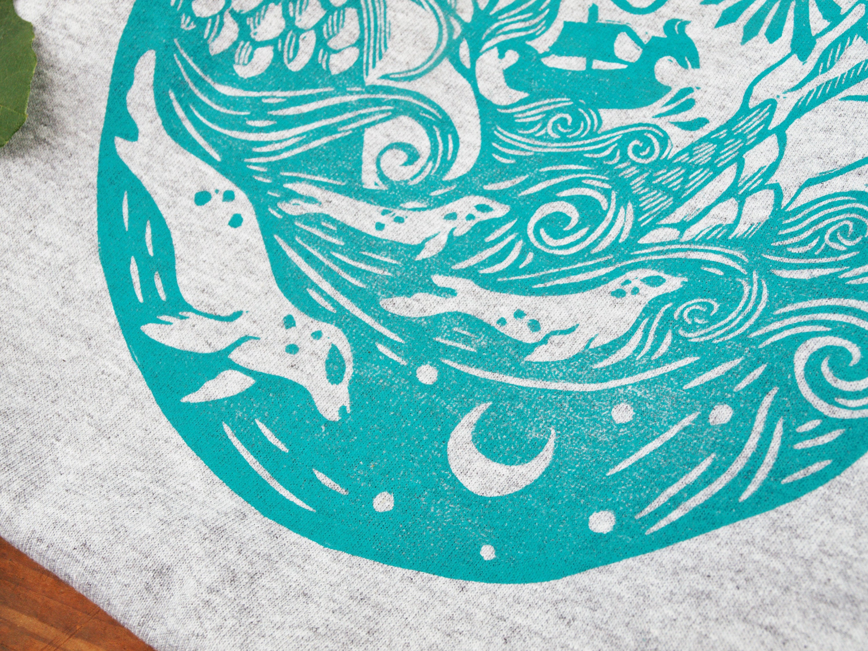 Sea Dreamer Linocut Block-printed Gray Heather and Turquoise | Etsy