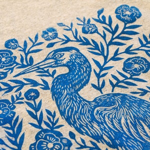 Heron Blossom Block Printed T-Shirt Linocut Shirt Floral Apparel Bohemian & Hippie Tee Southern Folk Art Blue Heron image 6