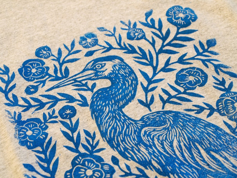 Heron Blossom Block Printed T-Shirt Linocut Shirt Floral Apparel Bohemian & Hippie Tee Southern Folk Art Blue Heron image 6