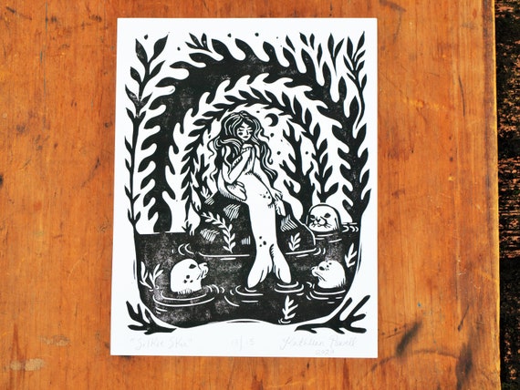 Selkie Skin Linocut Print - Block Print - Celtic Folklore Art - Selkie Art Print - Folk Art - Sea Lover Wall Art Gift