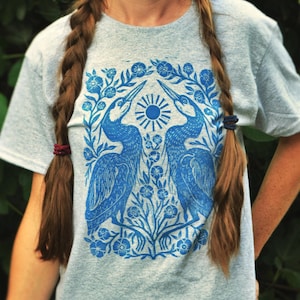 Two Herons Block Printed Shirt - Gray Gildan Unisex Shirt -Floral Boho Apparel - Folk Art Shirt - Nature Lover Gift -Heron Flower Shirt