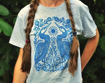 Two Herons Block Printed Shirt - Gray Gildan Unisex Shirt -Floral Boho Apparel - Folk Art Shirt - Nature Lover Gift -Heron Flower Shirt