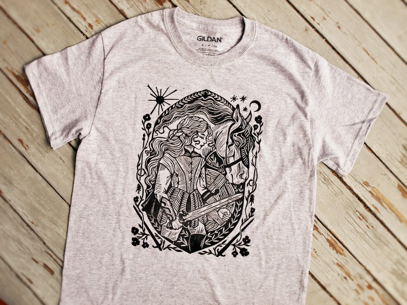 Shieldmaiden Gray Block Printed T-shirt Viking Shirt Celtic Gaelic Nordic Warrior Horse Medieval Renaissance Shirt Lady Knight image 2