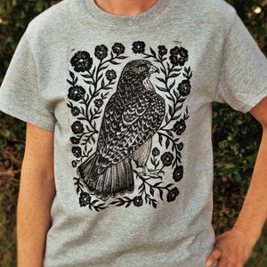 Hawk Blossom Block Printed Shirt - Rustic Apparel - Boho Hippie Shirt - Folk Art Apparel - Bird Lover