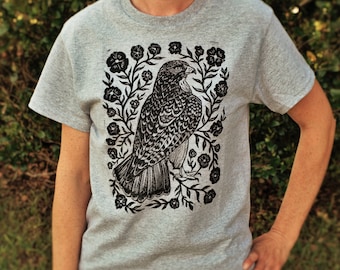 Hawk Blossom Block Printed Shirt - Rustic Apparel - Boho Hippie Shirt - Folk Art Apparel - Bird Lover