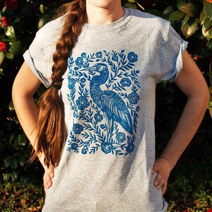 Heron Blossom Block Printed T-Shirt Linocut Shirt Floral Apparel Bohemian & Hippie Tee Southern Folk Art Blue Heron image 3