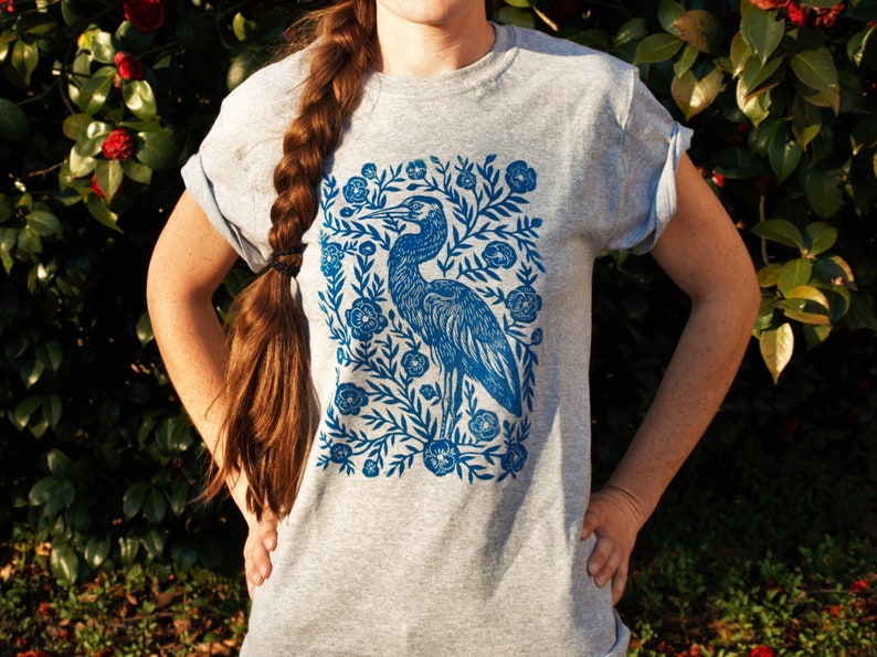 Heron Blossom Block Printed T-Shirt Linocut Shirt Floral Apparel Bohemian & Hippie Tee Southern Folk Art Blue Heron image 3