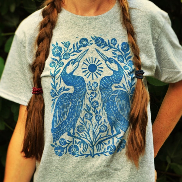 Two Herons Block Printed Shirt - Gray Gildan Unisex Shirt - Boho Hippie Apparel - Folk Art Shirt - Heron Flower Shirt