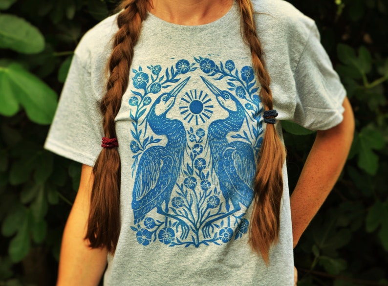Two Herons Block Printed Shirt Gray Gildan Unisex Shirt Boho Hippie Apparel Folk Art Shirt Heron Flower Shirt image 1