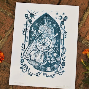 Linostampa di combattente felino - Stampa a blocchi di gatto medievale - Regalo per gli amanti dei gatti - Decorazione rinascimentale - Illustrazione di Knightcore - Arte stravagante per animali domestici