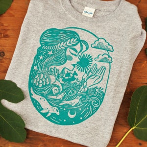 Sea Dreamer Linocut Block-printed Gray Heather and Turquoise T-shirt - Unisex sizes - Made to Order