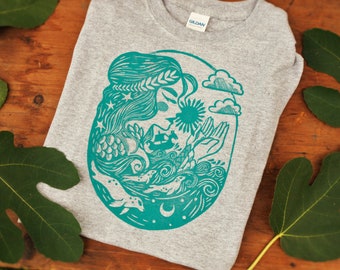 Sea Dreamer Linocut Block-printed Gray Heather and Turquoise T-shirt - Unisex sizes - Made to Order