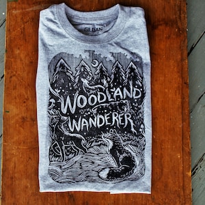 Woodland Wanderer T-shirt - Block Printed - Linocut - Bohemian - Hiker Apparel - Woodland - Outdoorsy - Nature Lover