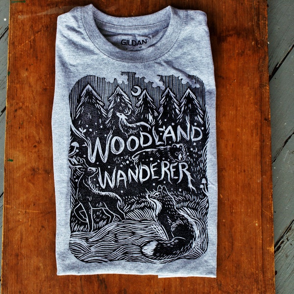 Woodland Wanderer T-shirt - Block Printed - Linocut - Bohemian - Hiker Apparel - Woodland - Outdoorsy - Nature Lover
