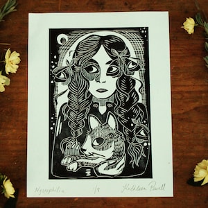 Nyctophilia A Girl and Her Cat Linocut Block Print Cat Lover&#39;s Gift Crazy Cat Lady Traditional Printmaking