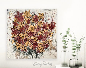 Canvas Painting Boho Floral. Textured Hand Painted Flowers. Abstract Wildflower Bouquet Artwork. Original Stacey Darling Art