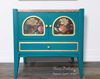 MCM End Table. Mid Century Modern Side Table. Minimalist Bedside Nightstand. Teal Gold Furniture. Vintage Retro Table with Storage