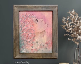 Painting Woman with Floral Hair. Framed Boho Artwork. Woman’s Face in Flowers Wall Art. Stacey Darling Artwork. Bedroom, Home Office Art