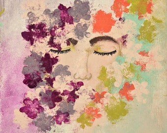 Fine Art Print Abstract Woman's Face in Wildflowers Painting. Bold Colored Art Print. Original Artwork for Bedroom or Home Office