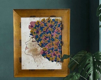 Floral Afro Woman Painting. Framed Boho Artwork. Woman’s Face in Flowers Wall Art. Stacey Darling Artwork. Bedroom, Home Office Art