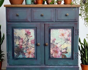 Console Cabinet Rustic Floral. Small Buffet Hand Painted Boho Farmhouse. Coffee, Liquor Bar. Bedroom Dresser Cabinet Girls Bedroom, Nursery