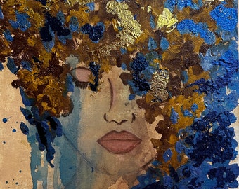 Mixed Media Woman's Face Expressionism. Premium Art Print. Blue Brown Gold Wall Art. Beautiful Black Woman with Colorful Afro Art