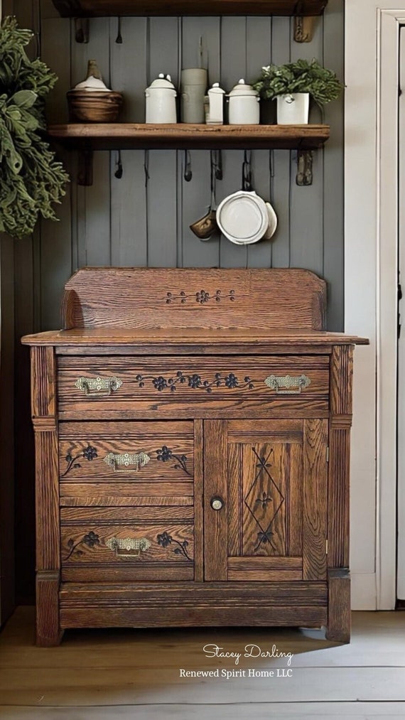 Antique Washstand Restored. Vintage Dry Sink Cabinet. Farmhouse