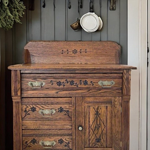 Antique Washstand Restored. Vintage Dry Sink Cabinet. Farmhouse Dresser Chest. Wood Stained Wash Basin. Primitive Cupboard.
