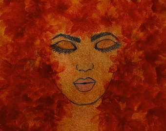 Print Woman with Flaming Hair. Red Headed Beautiful Woman. Woman with Afro Original Artwork. Stacey Darling Art. Gallery Wall Art