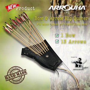 May include: A black leather hip quiver with 13 arrows and a bow. The quiver is handmade and includes the text "ORIGINAL" and "HAND MADE". The text "ARROUHA®" and "Bow & Arrow Hip Quiver" is also visible in the image.