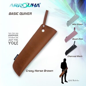 May include: A brown leather quiver with a strap and a buckle. The quiver is labelled "Crazy Horse Brown". The text "This item was handmade with special care. Just for you!" is also visible. Three other quivers are shown in the background: one in mint green, one in blush pink, and one in charcoal black.