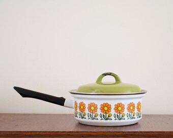 1970's Flower Power Enamel Saucepan - White Pan & Green Lid - Black Long Handle - Orange, Yellow And Green Flowers